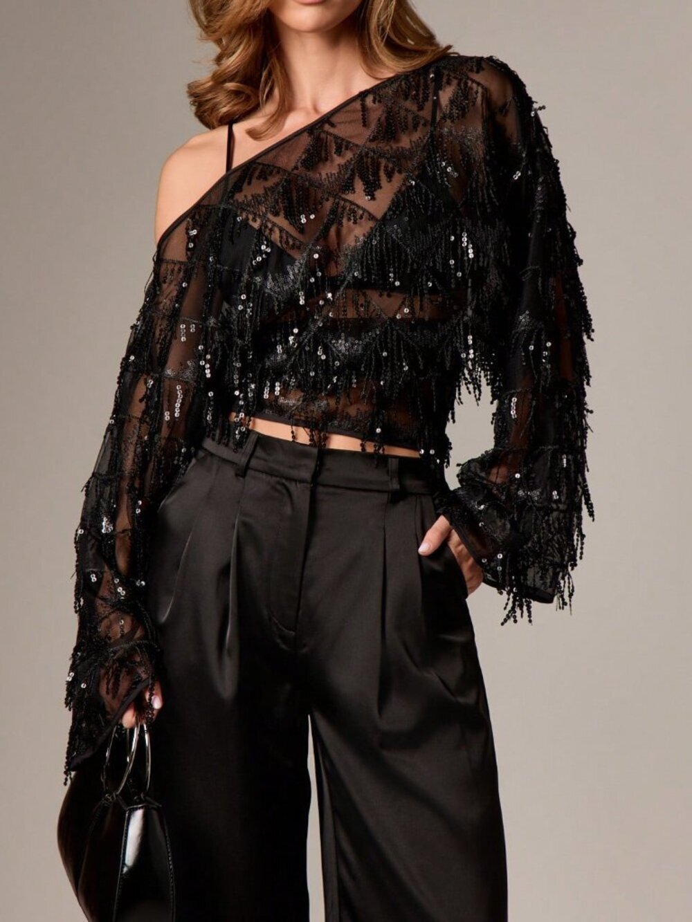 Black Party Women's Sequin Fringe One-Shoulder Sleeve Mesh Top Tassel Detail - Picture 1 of 6